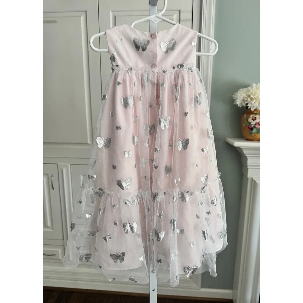 Mia & Mimi Girls Pink Tulle Butterfly Party Dress Silver Foil‎ Tiered 5T Easter